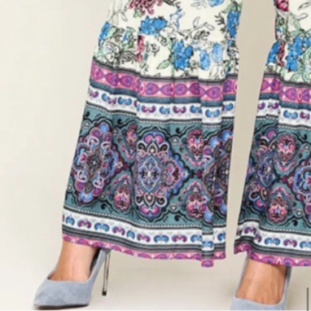 New! Sale 🔥Floral Boho Wide Leg Drawstring Tassels Tie Waist Ruffled Hem Pants - Picture 7 of 7